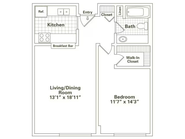 One Bedroom, One Bath (A2) floor plan