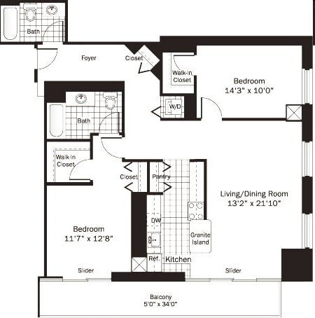UNIT 1 (2BR/2BA) floor plan