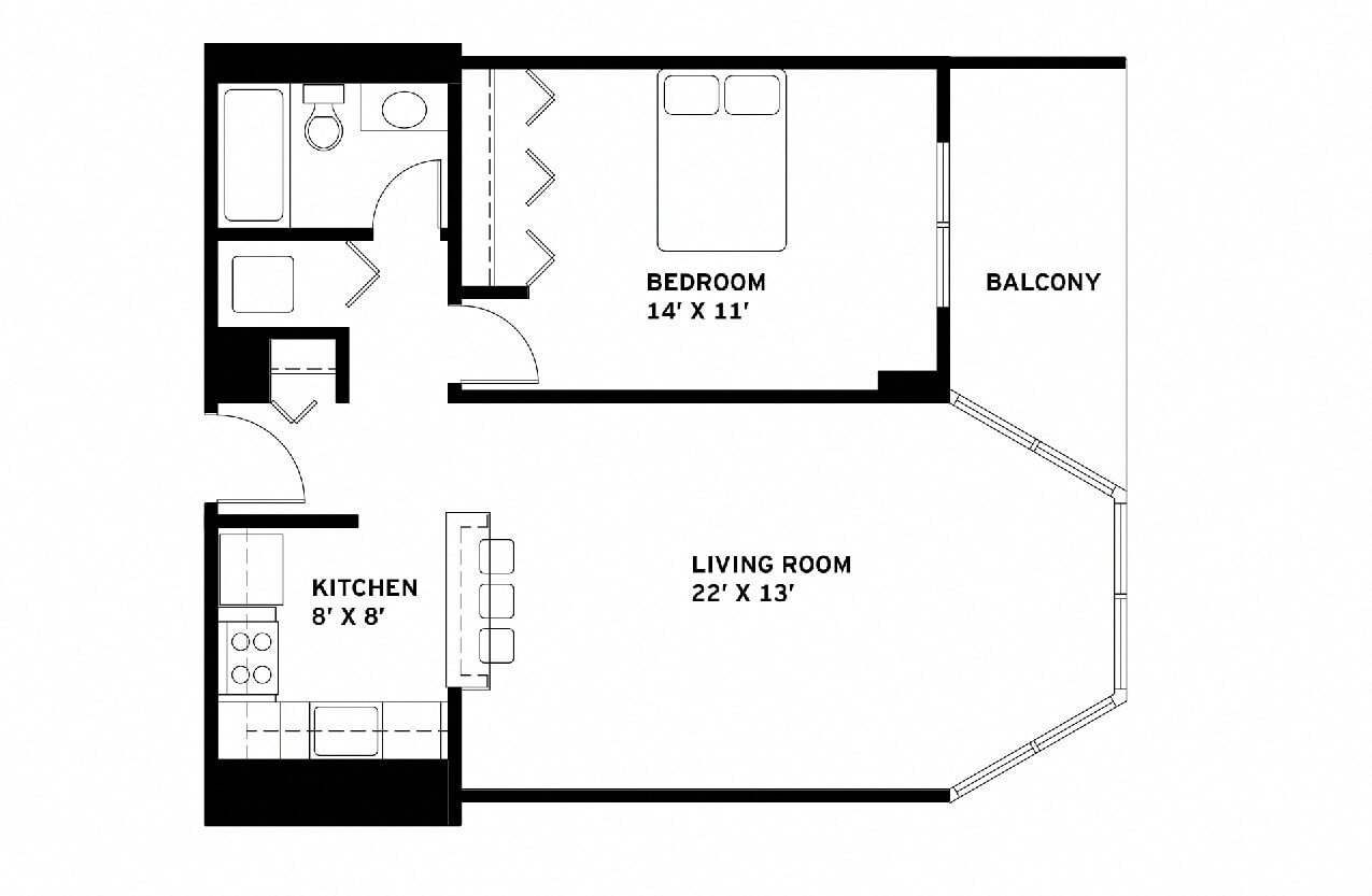 1 Bed 1 Bath C/H floor plan
