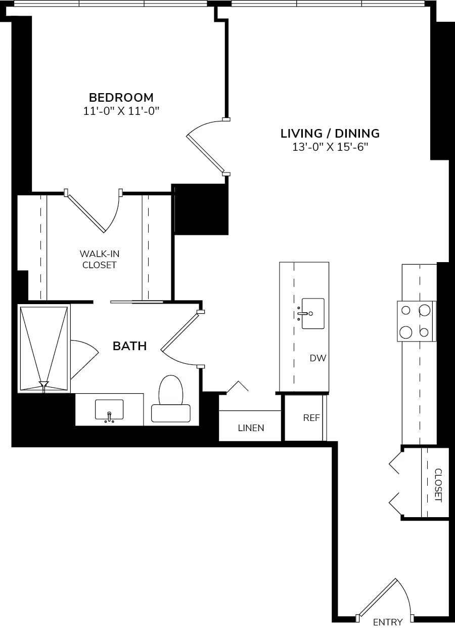 One Bedroom 01A +02A + 15A floor plan