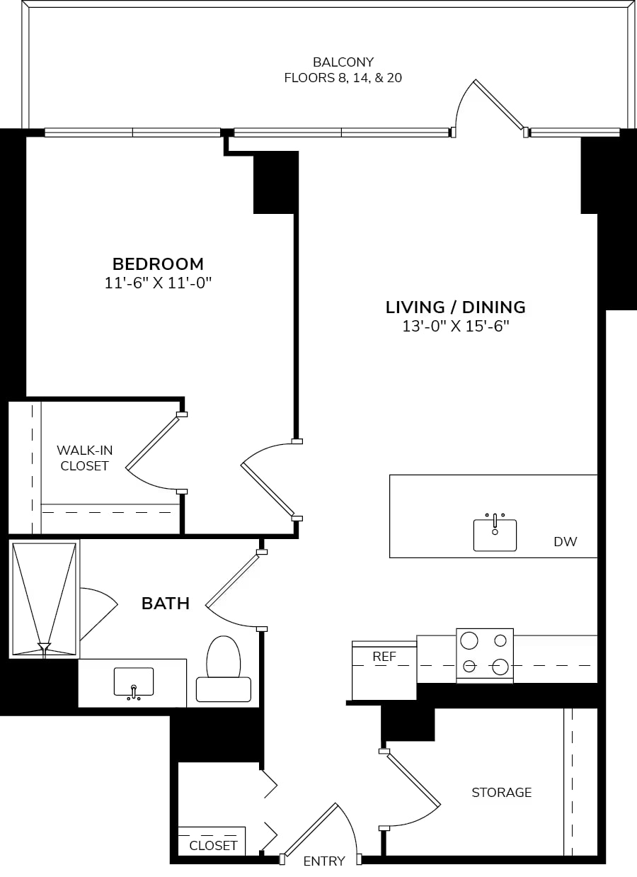 One Bedroom 12B floor plan