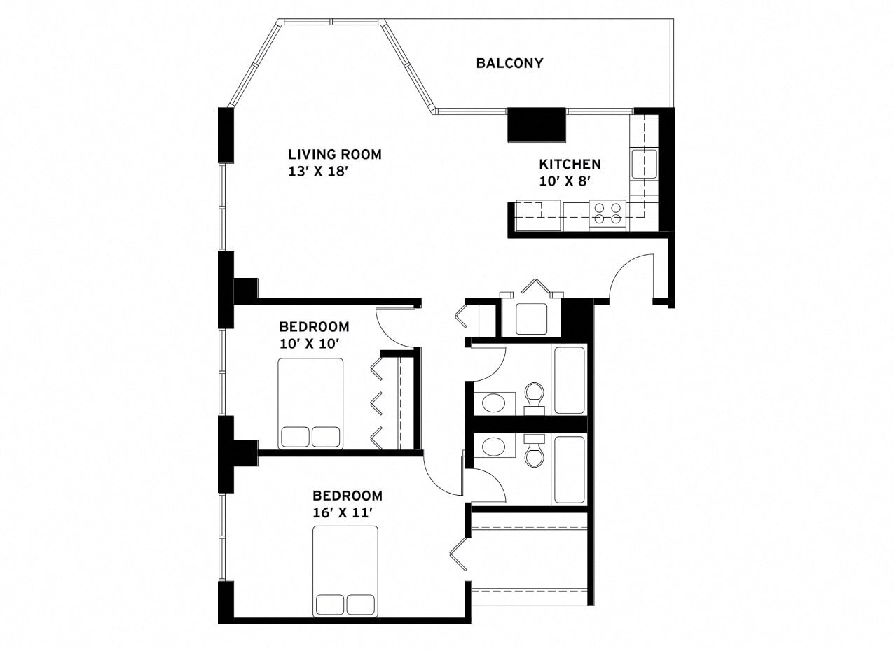 2 Bed 2 Bath B/G floor plan