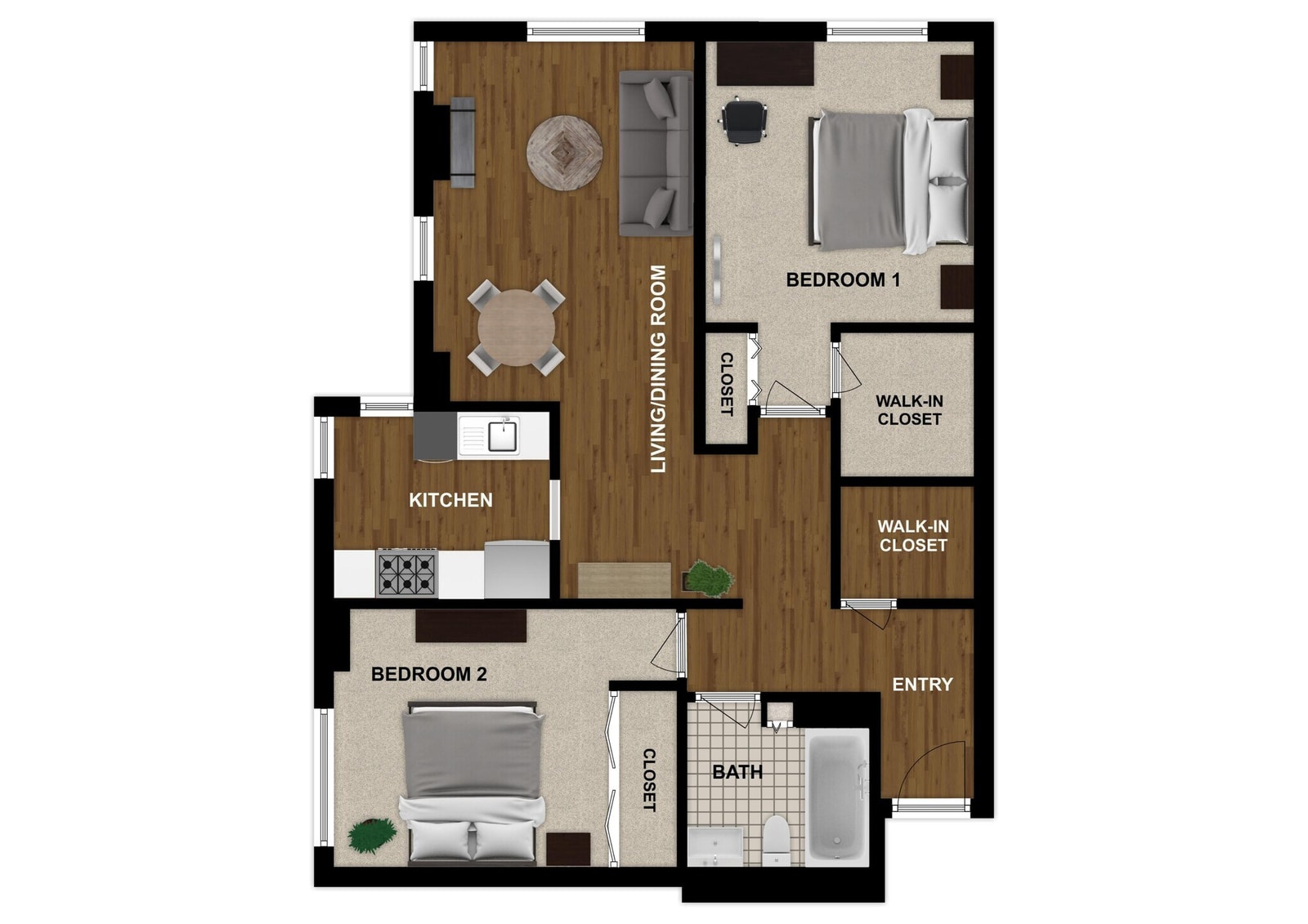 2 Bed / 1 Bath floor plan