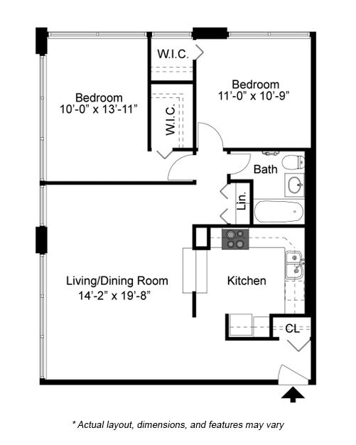 2 Bed 1 Bath floor plan