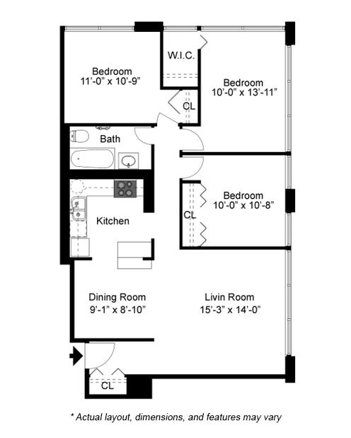 3 Bed 1 Bath floor plan
