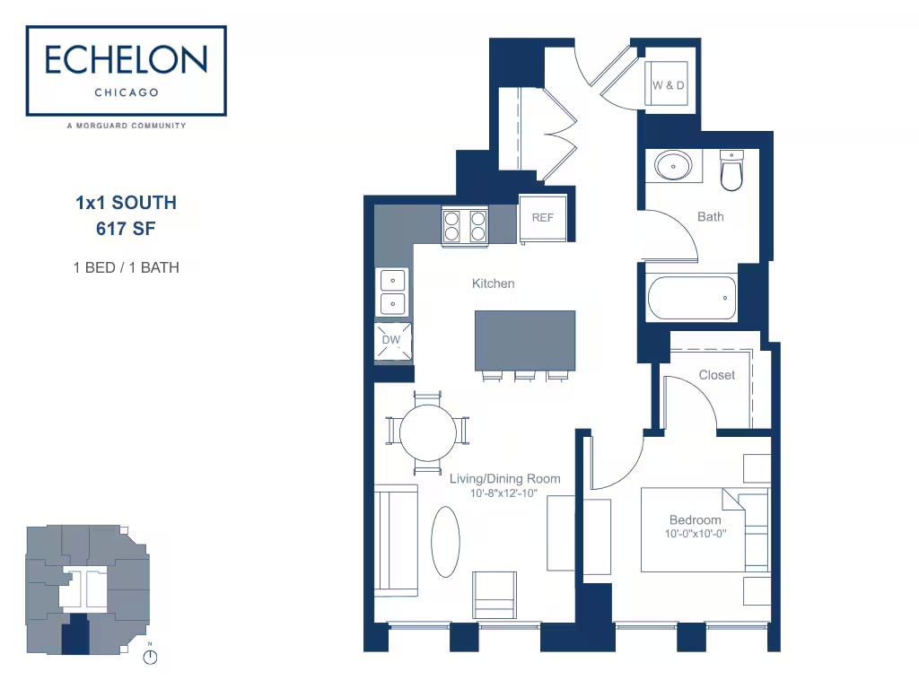1x1 South floor plan
