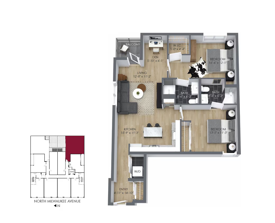 2x2 + Den floor plan
