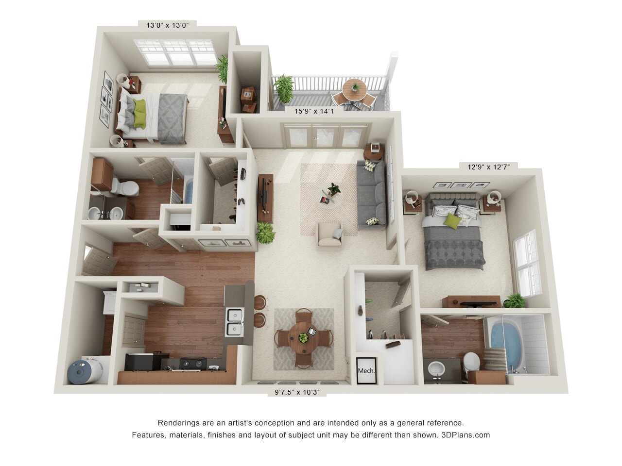 Beech 2 Bedroom 2 Bathroom floor plan